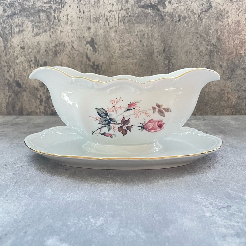 Vtg Mitterteich Bavaria Germany China Floral Gravy Boat Attached Underplate MCM